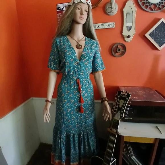 Blue Ruffled Maxi Sundress with Flutter Sleeves - Picture 2 of 6